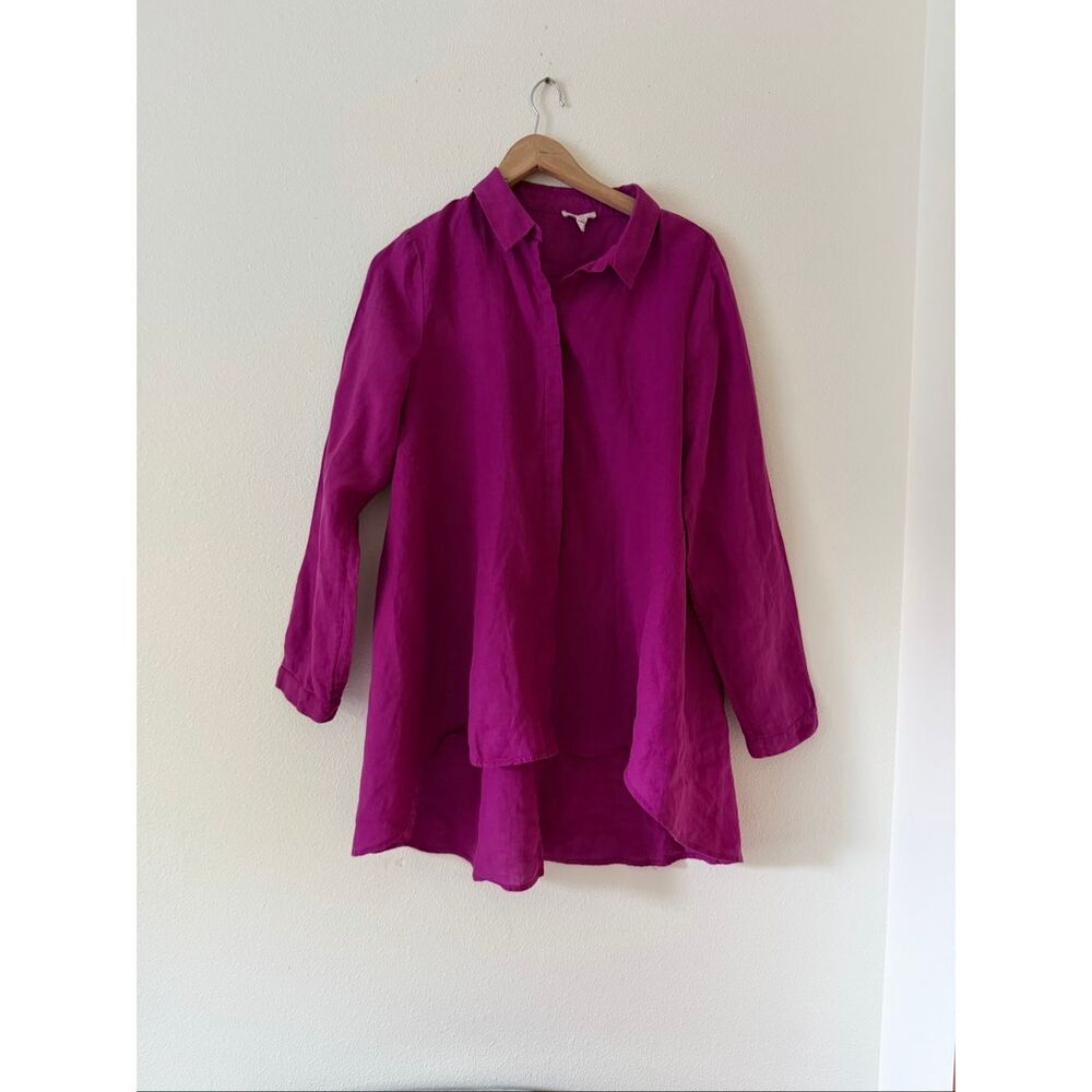 Eileen Fisher Organic Irish Linen Pink Fuchsia Hi-Low Button Up Oversized M
